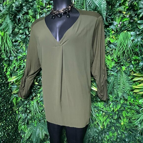 DRESS BARN Tops Women 3XL Green Pleated Blouse V Neckline Layered  1617‎ - Picture 8 of 9